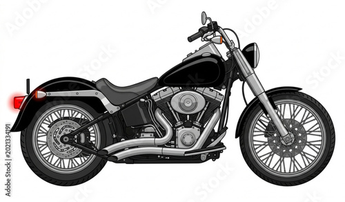 Foto Black and white cruiser motorcycle vector with chrome details and red taillight