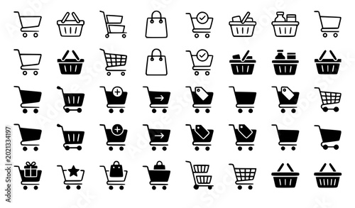 Foto Supermarket shopping cart icons collection with minimalist thin line and black solid glyph shapes for digital retail app e-commerce store purchase design elements