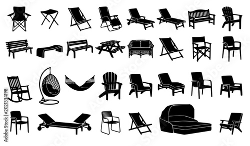 Foto Collection of outdoor backyard deck furniture silhouettes with various pool sun loungers folding director chairs hanging egg swings and wooden garden benches