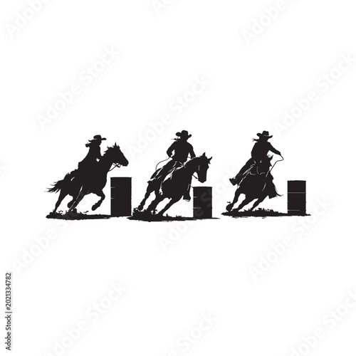 Fotografie Western barrel racing silhouette vector, cowgirl riding horse at rodeo competiti