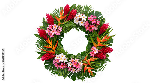 Vibrant tropical flower wreath with green leaves isolated on transparent background