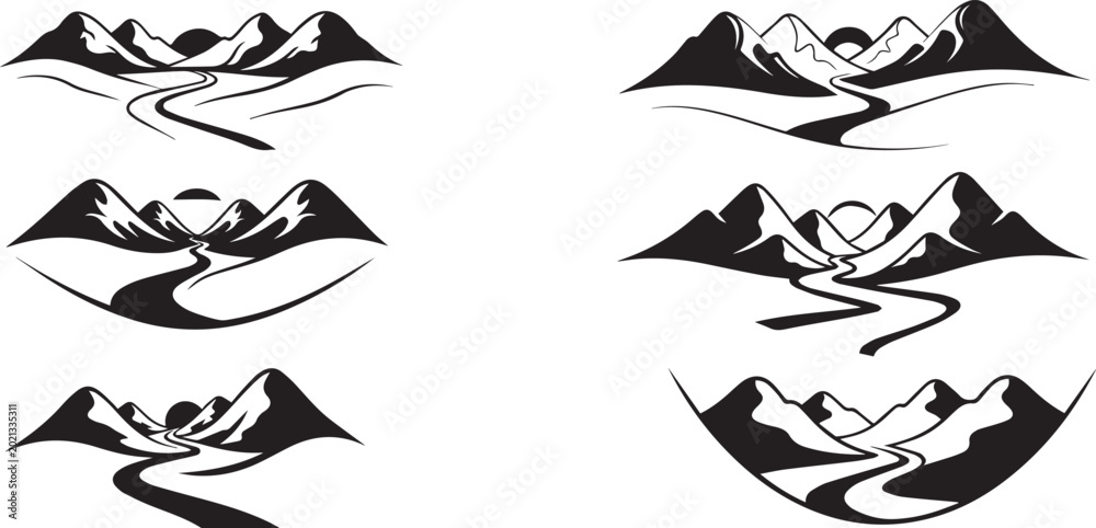Fototapeta premium Mountain landscape collection with winding river silhouettes in black minimalist style for logo design and outdoor art.
