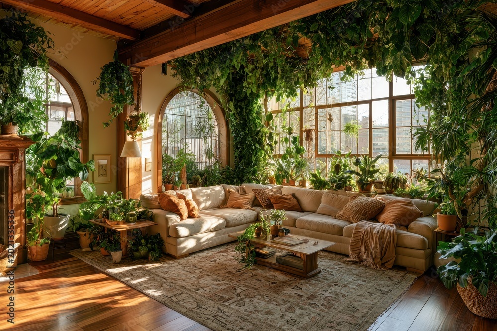 Fototapeta premium Indoor garden living room with lush green plants and sectional sofa in warm golden sunlight for interior design and real estate marketing