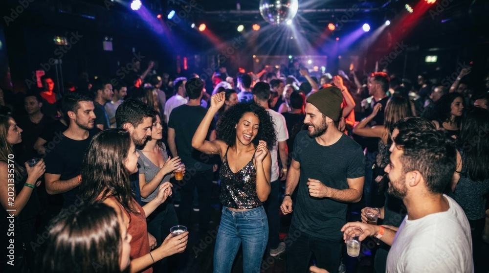 Fototapeta premium A lively dance floor with people dancing, drinking, and socializing in a dimly lit, colorful nightclub setting.