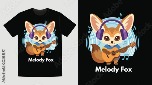 Slika na platnu A charming t-shirt design featuring a melodic fox character, complete with headphones and a guitar, representing creativity, fun, and love for music with an adorable twist