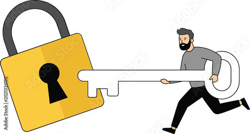 Tableau sur toile Cybersecurity access concept with businessman carrying oversized key unlocking d