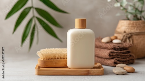A minimalist spa setup with a lotion bottle, wooden brush, stacked brown towels, smooth stones, and green plant leaves in a calm, neutral setting.