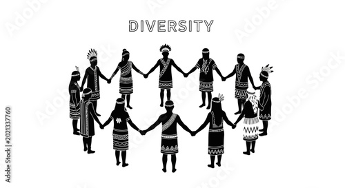Tableau sur toile Group of indigenous people holding hands in a circle representing diversity