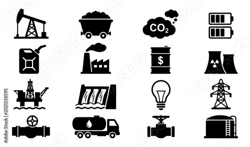 Bild auf Leinwand Energy resources and environmental pollution vector silhouette set, icons for co