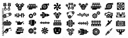 Foto Mechanical engine parts and automotive components silhouette vector icons set, i