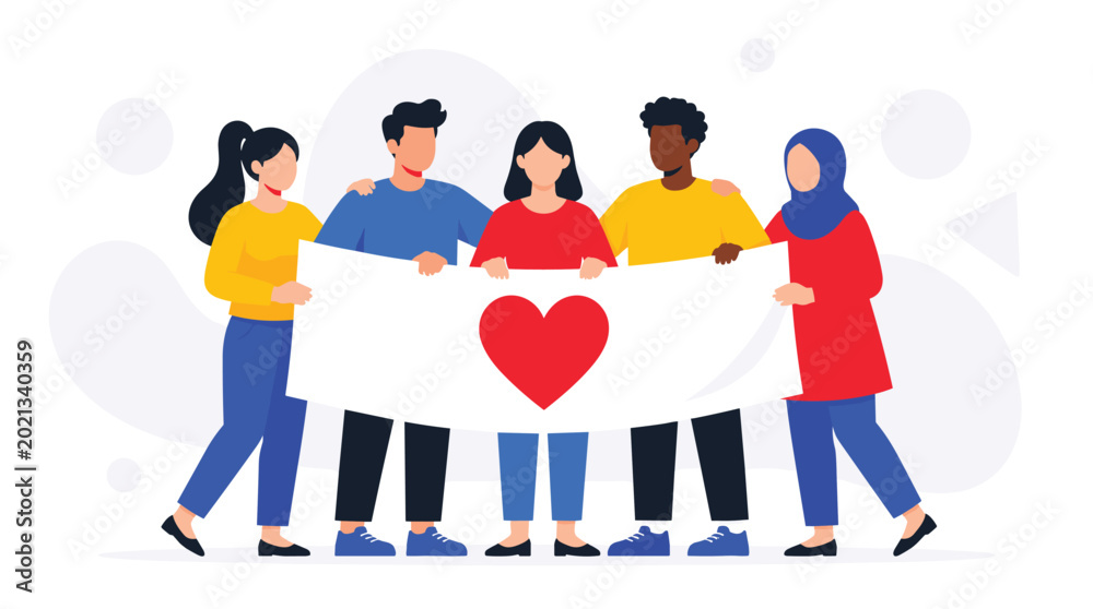 Fototapeta premium Diverse Group of Individuals Holding a Banner with a Heart Symbol Showing Unity and Love