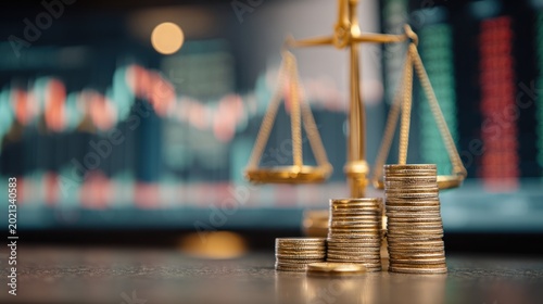 Balance scale with stacked coins on a blurred background