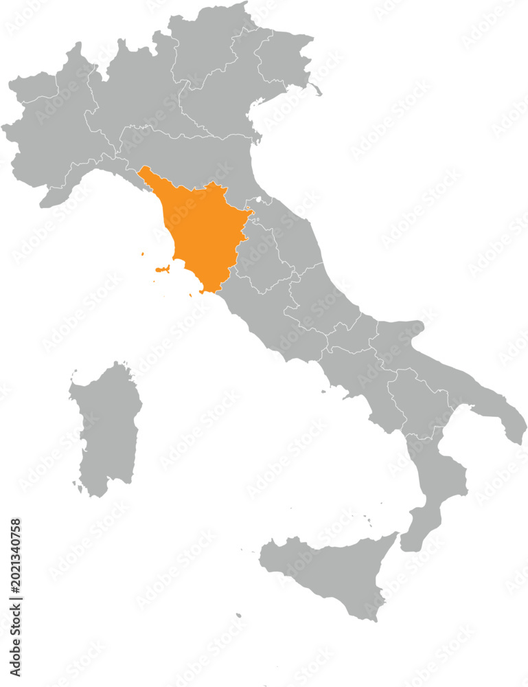 Naklejka premium Tuscany Location on Map of Italy with States and Regions Editable Cartographic Illustration.