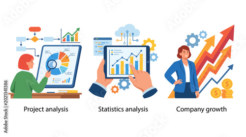 Slika na platnu This image showcases project analysis through visual data representation, including pie charts, bar graphs, and flow diagrams to highlight key insights and trends