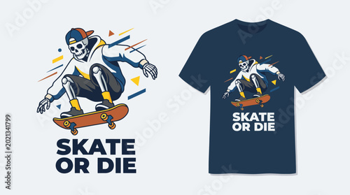 Photos A dynamic graphic capturing the essence of skateboarding culture with a skeleton character illustrating motion and thrill in an urban setting, perfect for youth fashion