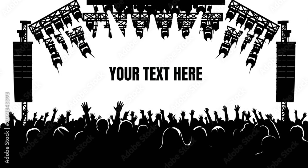 Obraz premium Concert stage silhouette with cheering crowd and copy space.