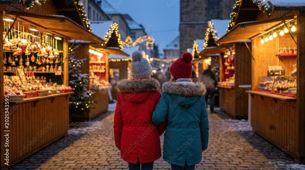 Naklejka premium two girls in colorful parkas walking at a christmas market, back view, twilight lights, festive wooden stalls, winter holiday scene