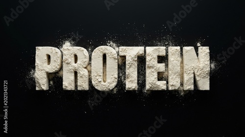 3d protein lettering made from whey powder on black background, minimal studio composition with scattered powder crumbs and high contrast