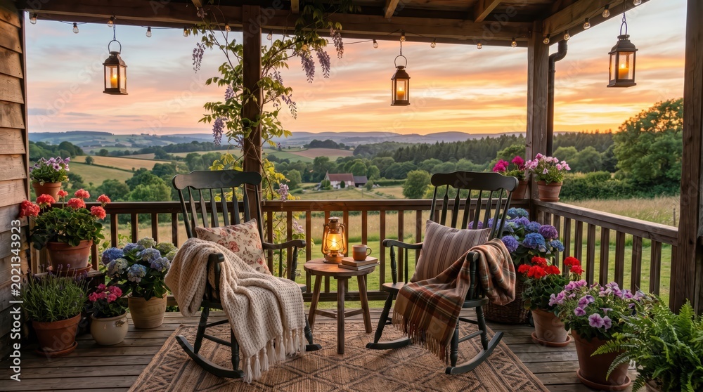 Fototapeta premium Rustic porch with rocking chairs and lantern at sunset overlooking rolling countryside for relaxing cottagecore balcony wallpaper and background