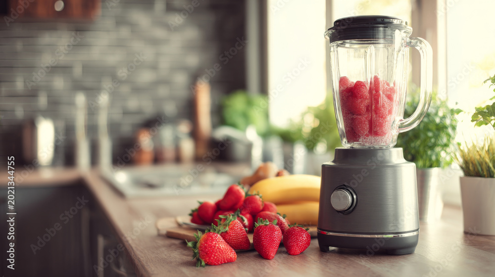 Fototapeta premium Blender with fresh strawberries and bananas on kitchen counter for healthy smoothie