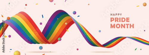 Foto lgbtq pride month banner design with heart shape wavy ribbon on light background