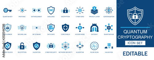 Bild auf Leinwand Quantum cryptography & data shielding icon set