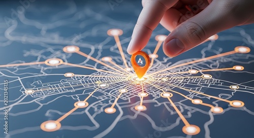 Close up of a finger placing an orange map pin on a digital city map interface, highlighting a specific location for navigation and travel planning services