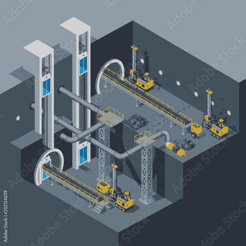Obraz na plátně Isometric view of an underground mining operation with elevators, tunnels, and conveyor belts transporting coal