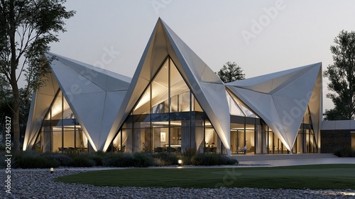 Modern luxury contemporary villa with unique angular triangular folded roof design surrounded by green landscape during dusk showing futuristic architecture