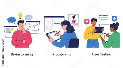 Obraz na plátne This image depicts a creative process involving brainstorming sessions, prototyping developments, and user testing to ensure effective design procedures for tech innovation