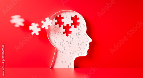 Obraz na płótnie Head and brain diseases concept - missing pieces flying of the brain puzzle on r