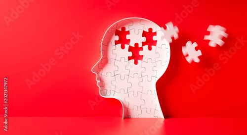 Quadro su tela Head and brain diseases concept - missing pieces flying of the brain puzzle on r