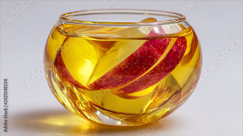 Apple slices submerged in a round glass bowl of golden liquid with beverage, refreshment