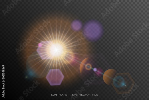 Realistic sun lens flare with rainbow bokeh on transparent background