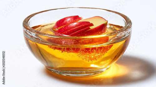 Sliced red apple floating in a clear bowl of amber liquid with beverage, refreshment