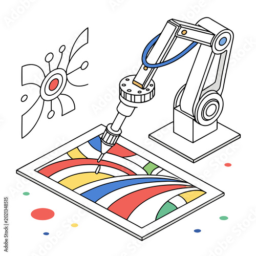 Photos Outline illustration of a robotic arm drawing abstract colorful patterns on a di