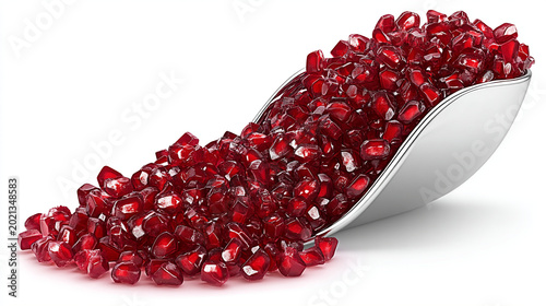 Scoop of fresh pomegranate seeds isolated on a white background with pomegranate, vitamins