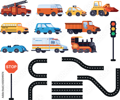 Cartoon Traffic Vehicles Signboard Road Vector Design