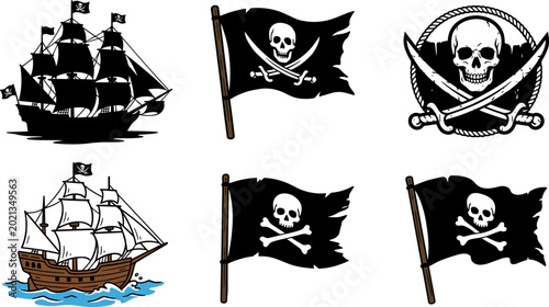 Schilderij op canvas Pirate Theme Vector Set Featuring Jolly Roger Flags Skull and Crossbones Emblems