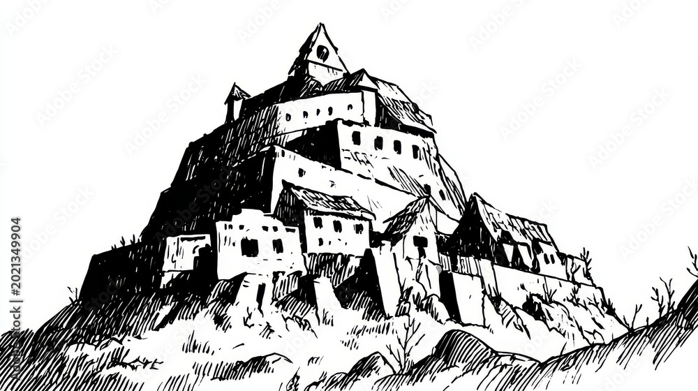 Obraz premium Medieval Castle Pen-and-Ink Style Line Art Drawing, Black Lines on White Background, Simple Historical Illustration