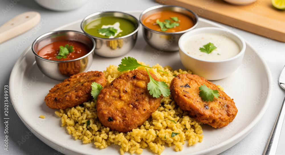 Fototapeta premium Indian Cutlets with Rice and Sauces Food Plating Cuisine