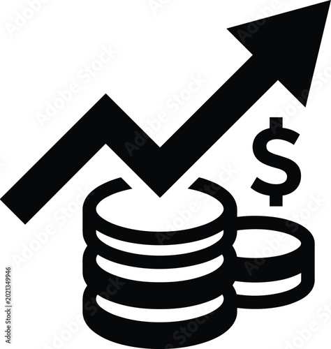 Black and white icon showing a growing financial graph with stacks of coins representing business profit and investment success