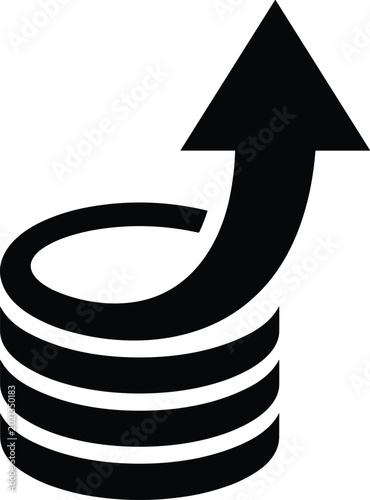 Black icon of a stack of coins with an upward arrow representing financial growth and profit increase