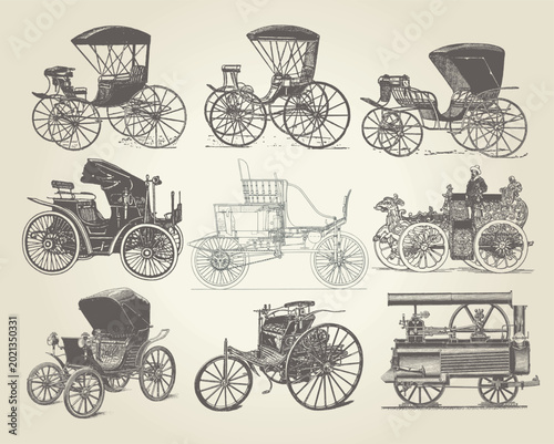 Vintage Antique Vehicles Set Vector Design