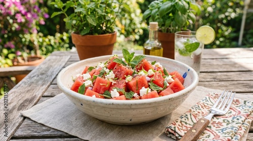 Fresh watermelon salad with feta mint and lime served in bowl on rustic wooden table for summer recipe and picnic background