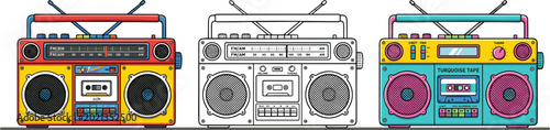 Schilderij op canvas Retro Boombox Radio Vector Set Featuring Colorful Vintage Ghetto Blasters and a