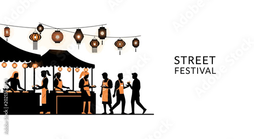 Cuadro en lienzo Silhouette of vendors and customers at a night street festival with lanterns