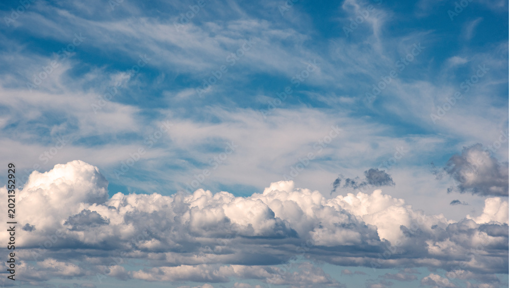 Obraz premium Cielo azul con nubes blancas y grises de tipo cúmulo, esponjosas y dispersas, creando una atmósfera tranquila y luminosa con tonos suaves y contrastes naturales.
