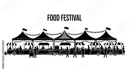Photos Black and white illustration of a bustling outdoor food festival with market stalls