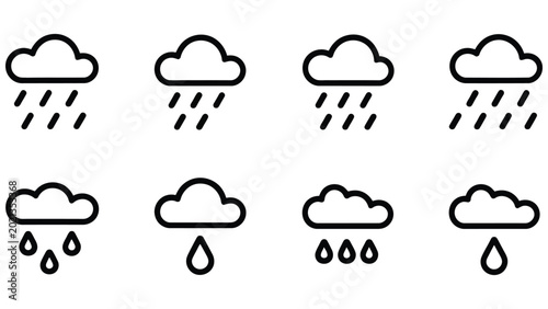 Fotografie Weather forecast icons showing rain and clouds in simple line style on white bac
